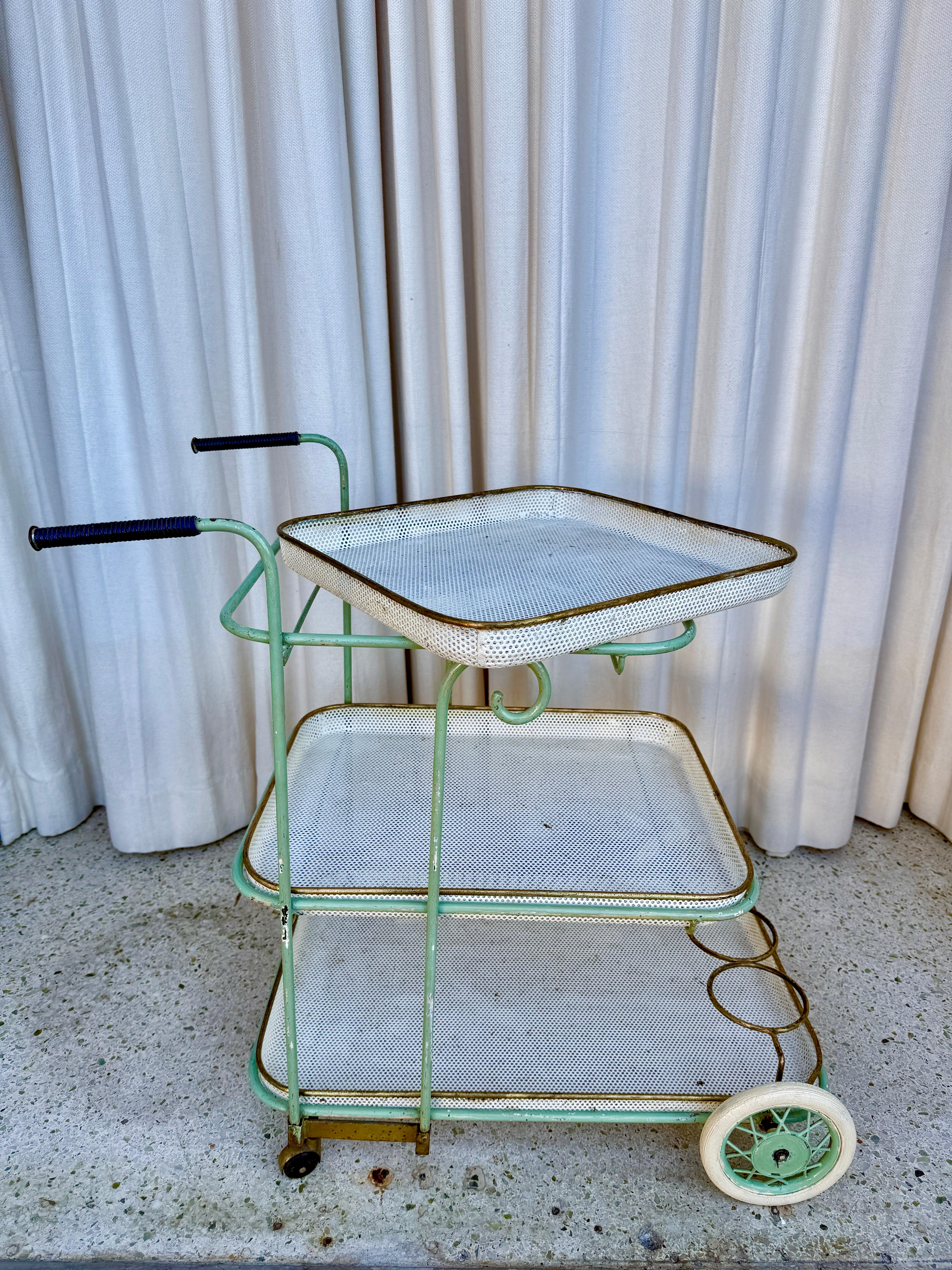 Vintage French Perforated Mesh Three-Tier Bar Cart, Mategot Style For Sale 1