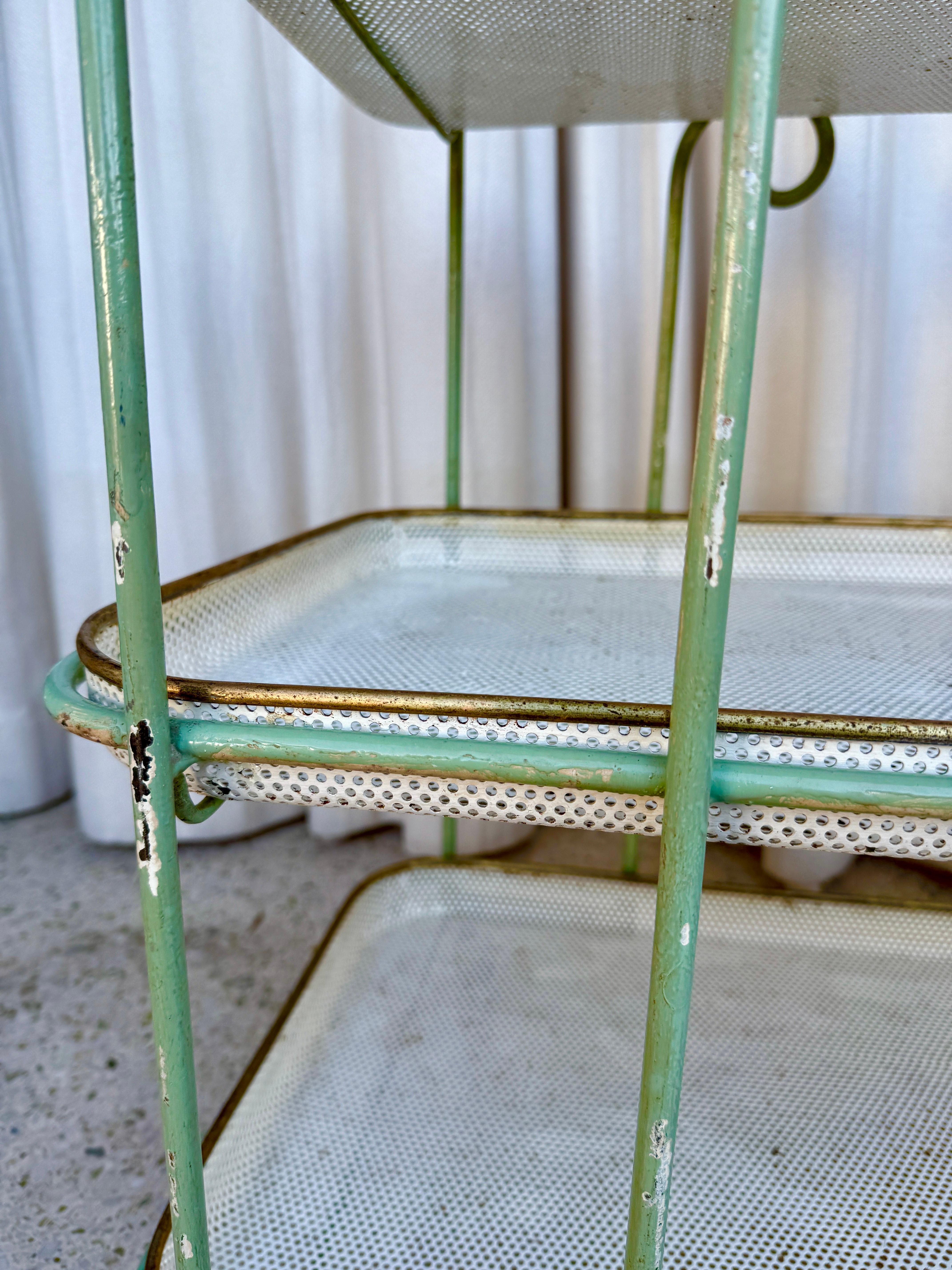 Vintage French Perforated Mesh Three-Tier Bar Cart, Mategot Style For Sale 2