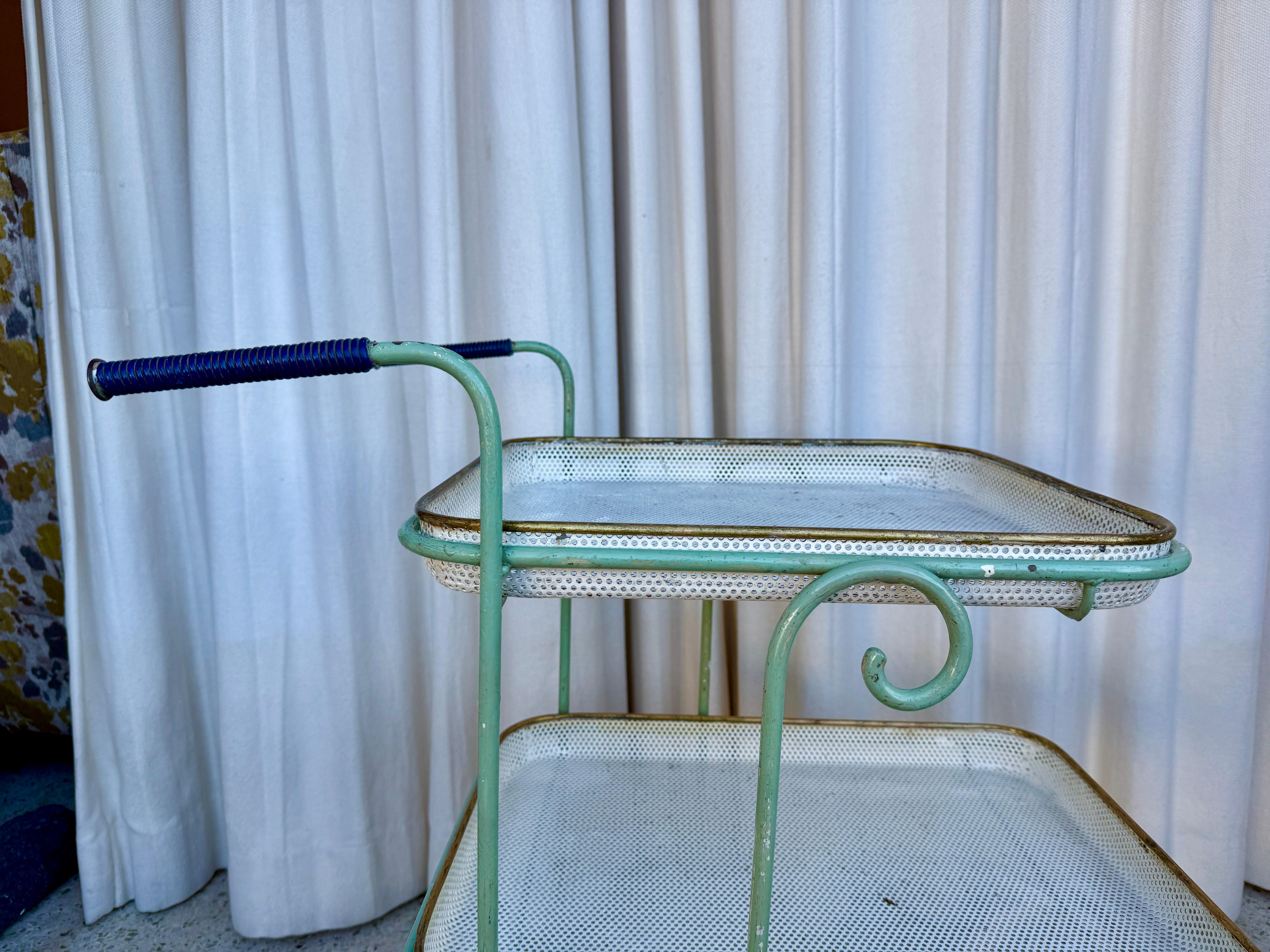Vintage French Perforated Mesh Three-Tier Bar Cart, Mategot Style For Sale 3
