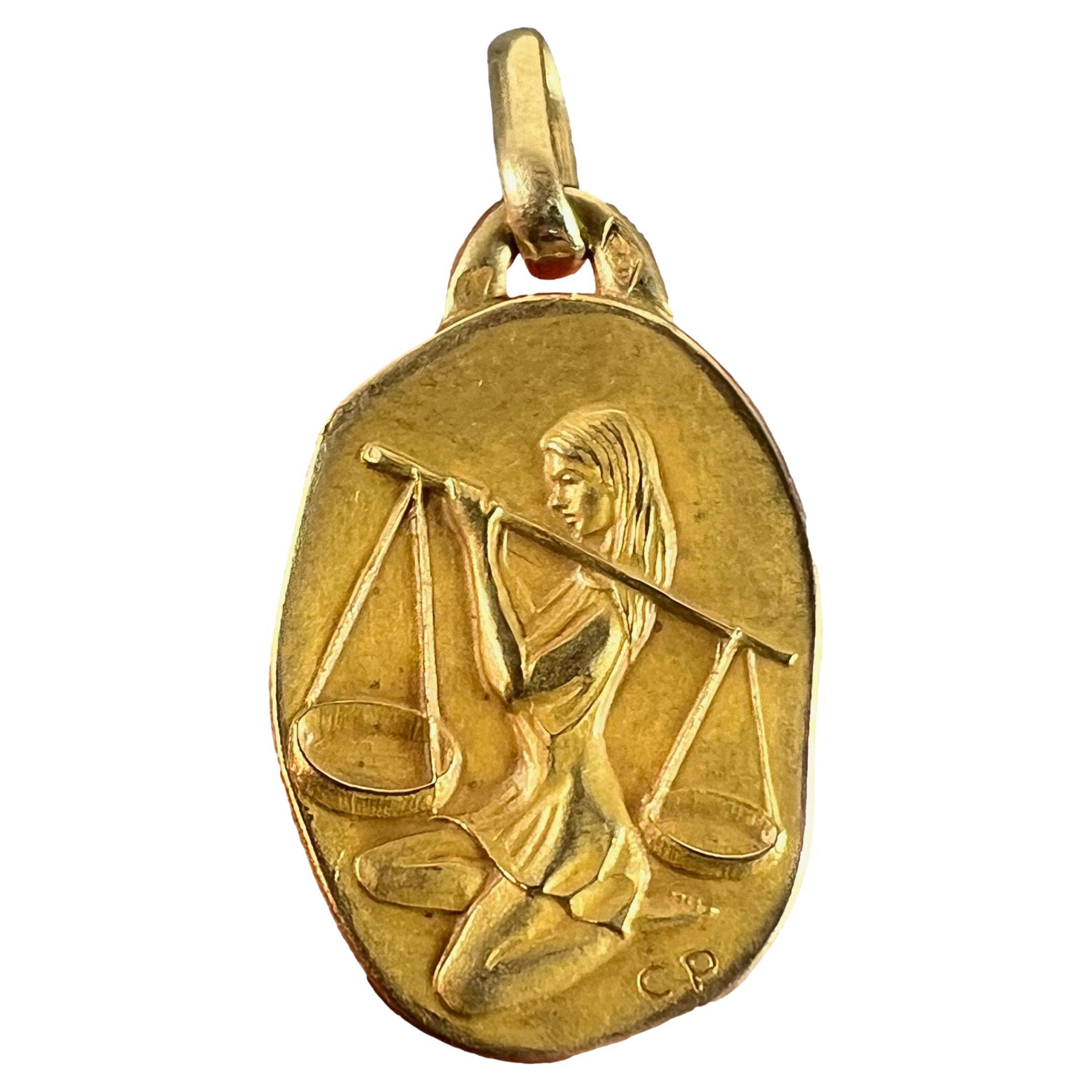 Vintage French Perroud Libra Zodiac 18K Yellow Gold Medal Pendant