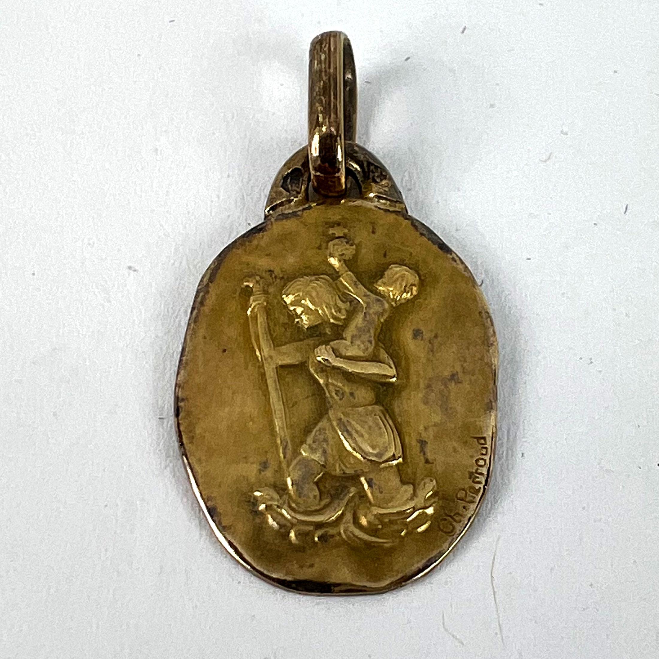 Vintage French Perroud Saint Christopher 18K Yellow Gold Medal Pendant For Sale 8