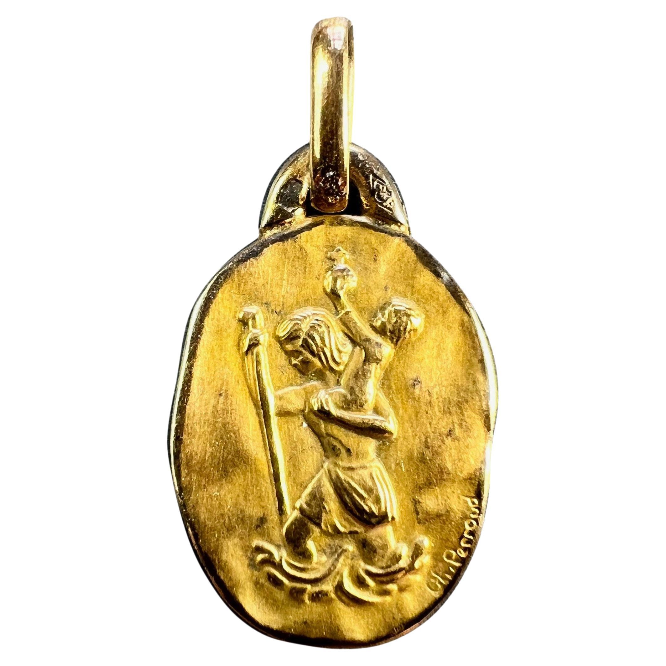 Vintage French Perroud Saint Christopher 18K Yellow Gold Medal Pendant For Sale