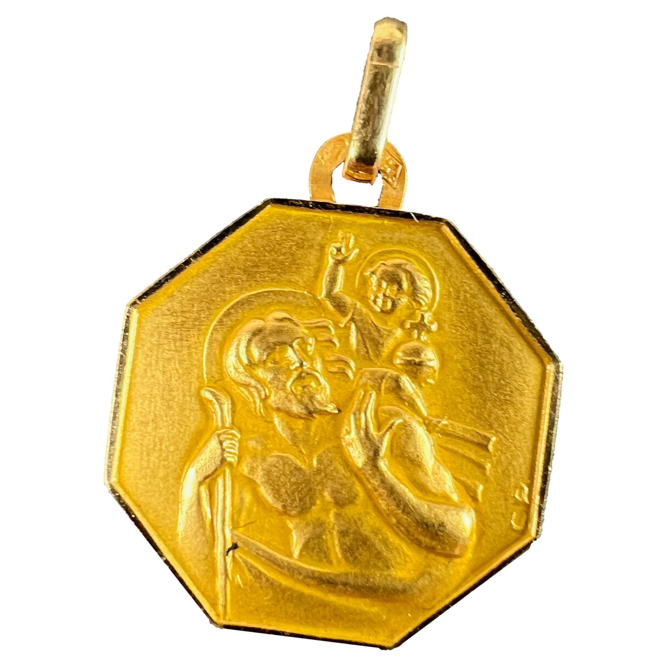 Vintage French Perroud Saint Christophe pendentif médaille octogonale en or jaune 18K