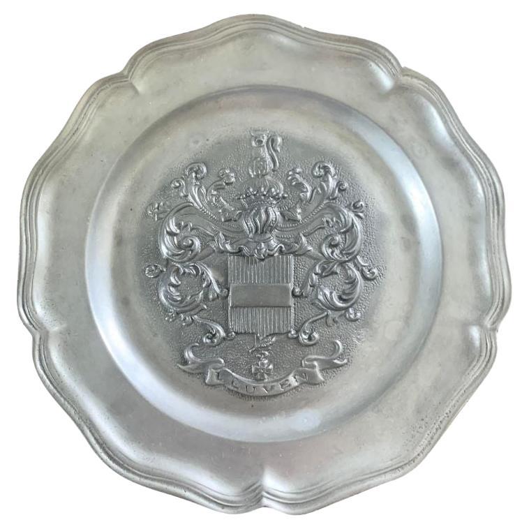 Vintage French Pewter Wall Plate with Coat of Arms