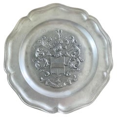 Vintage French Pewter Wall Plate with Coat of Arms