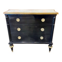 Vintage French Piano Black Chest with a Marble Top and Brass Details