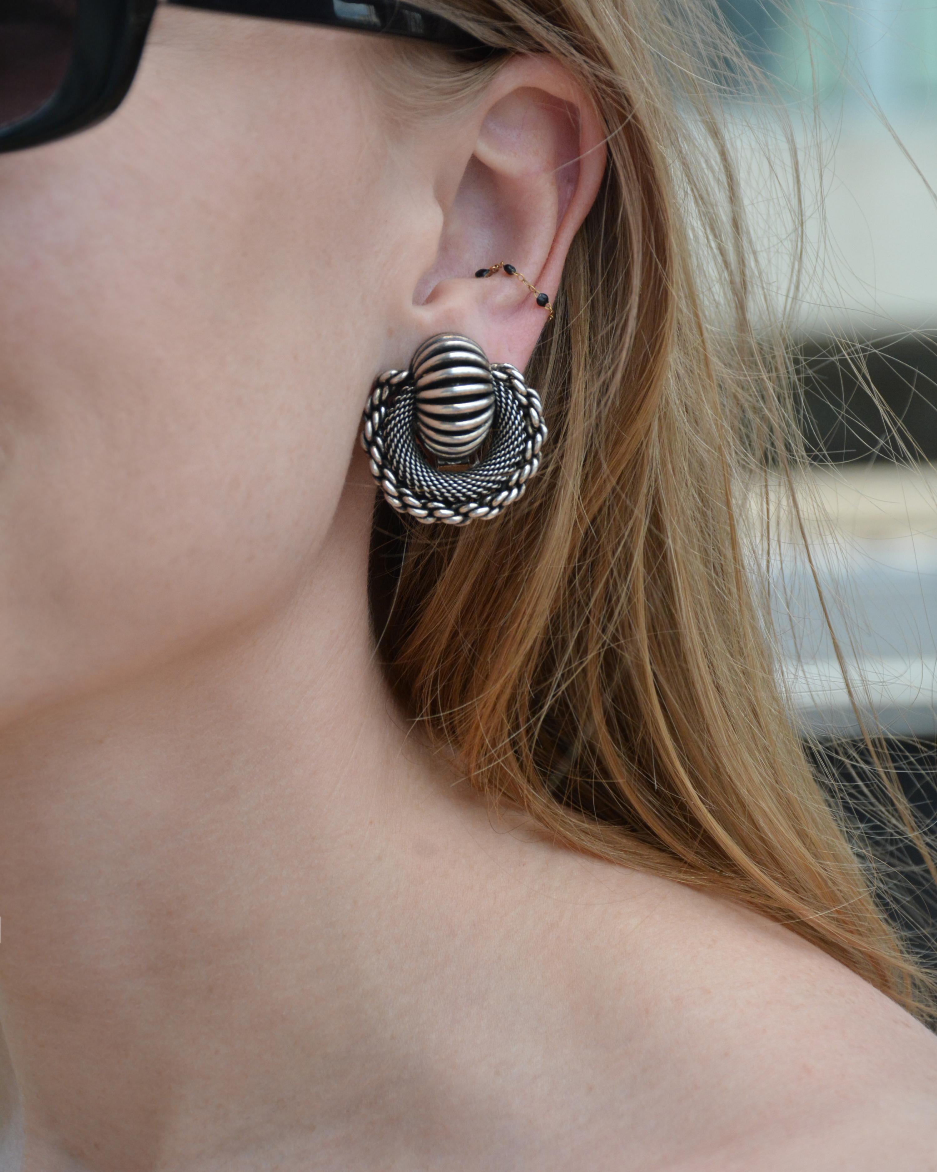 Artisan Vintage French Pierre Lorion & Sylvia Karels Sculptural Silver Earrings For Sale