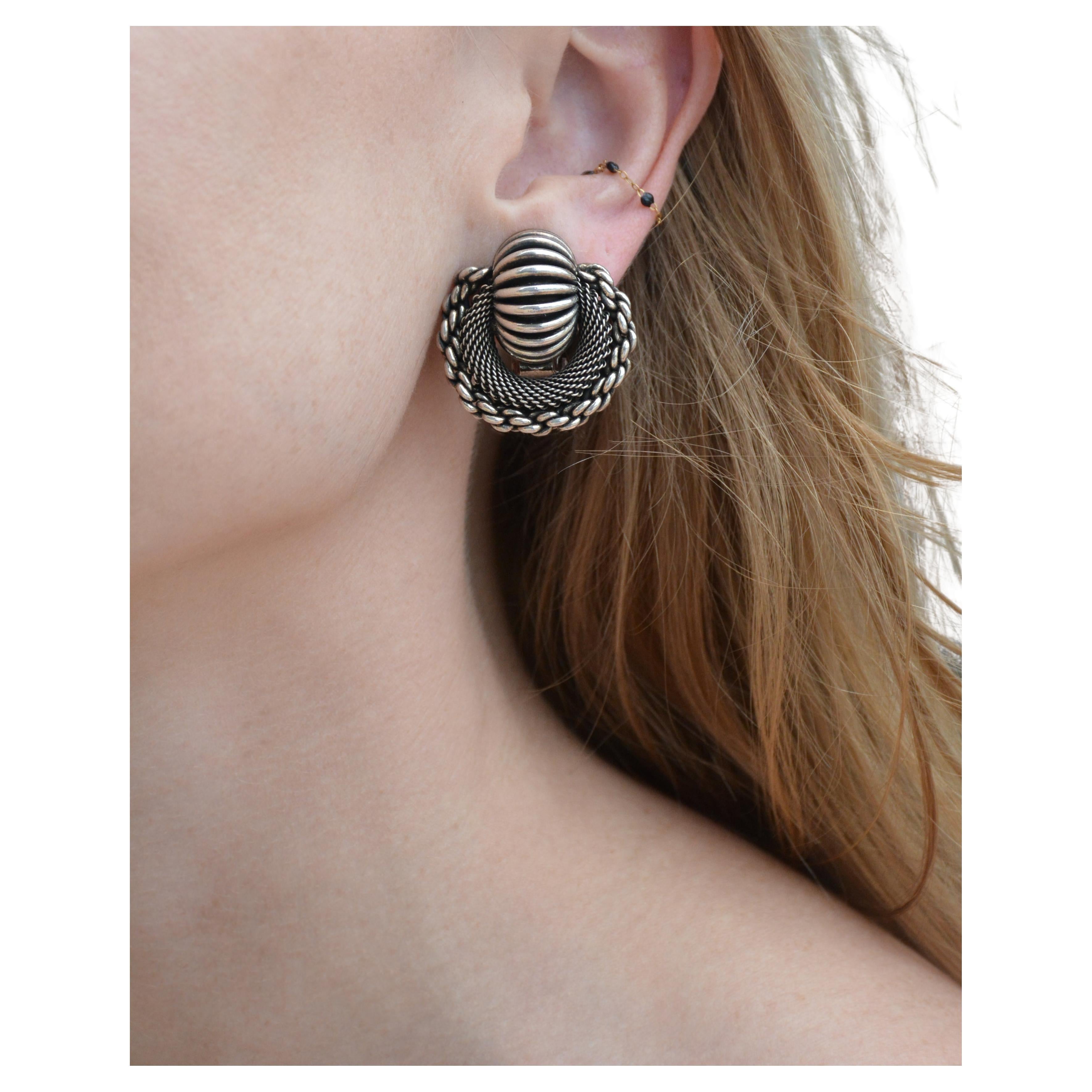 Vintage French Pierre Lorion & Sylvia Karels Sculptural Silver Earrings For Sale
