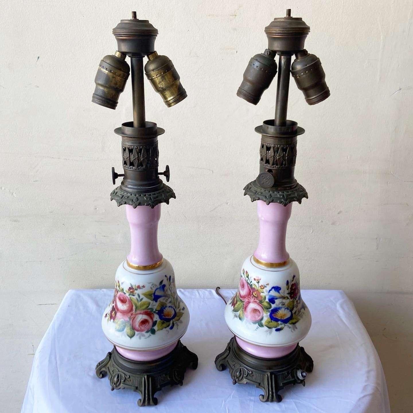 Vintage French Pink and White Porcelain and Brass Table Lamps - a Pair In Good Condition For Sale In Delray Beach, FL