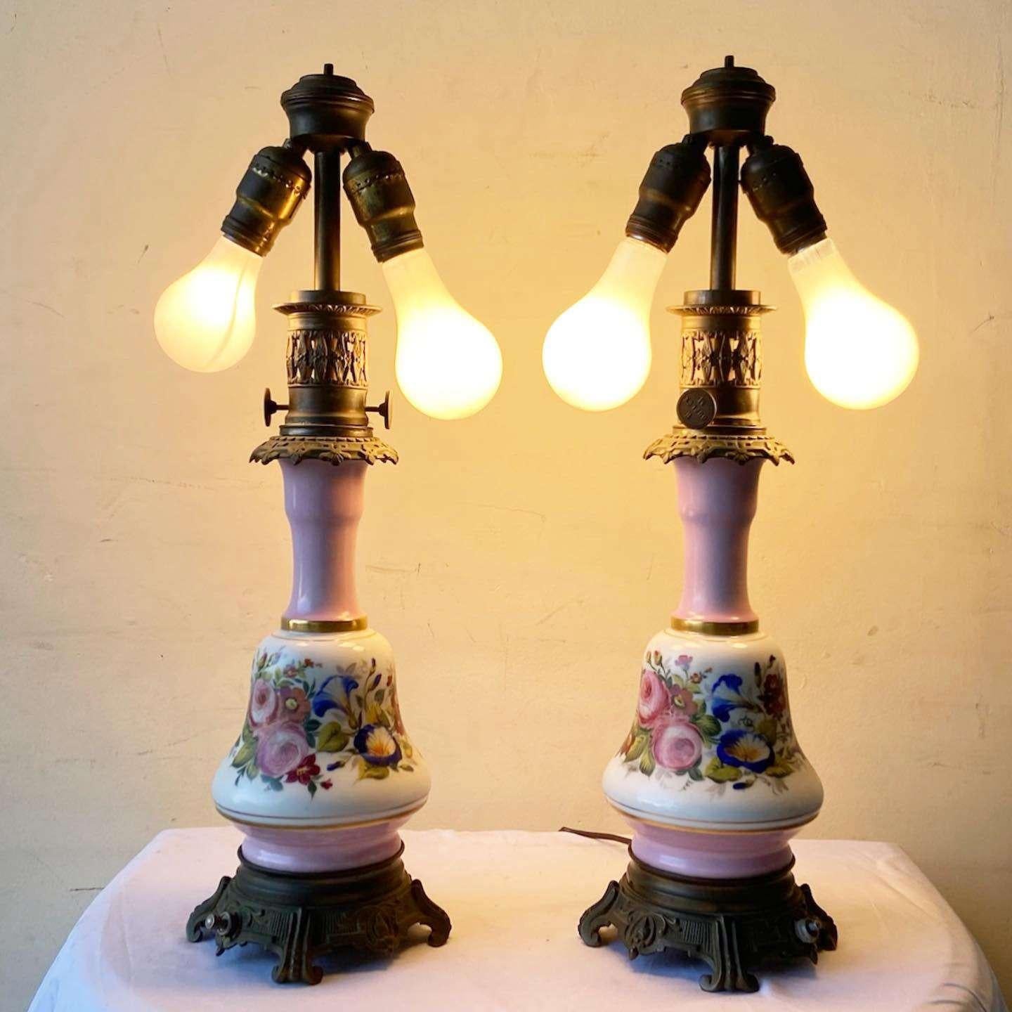 Mid-20th Century Vintage French Pink and White Porcelain and Brass Table Lamps - a Pair For Sale
