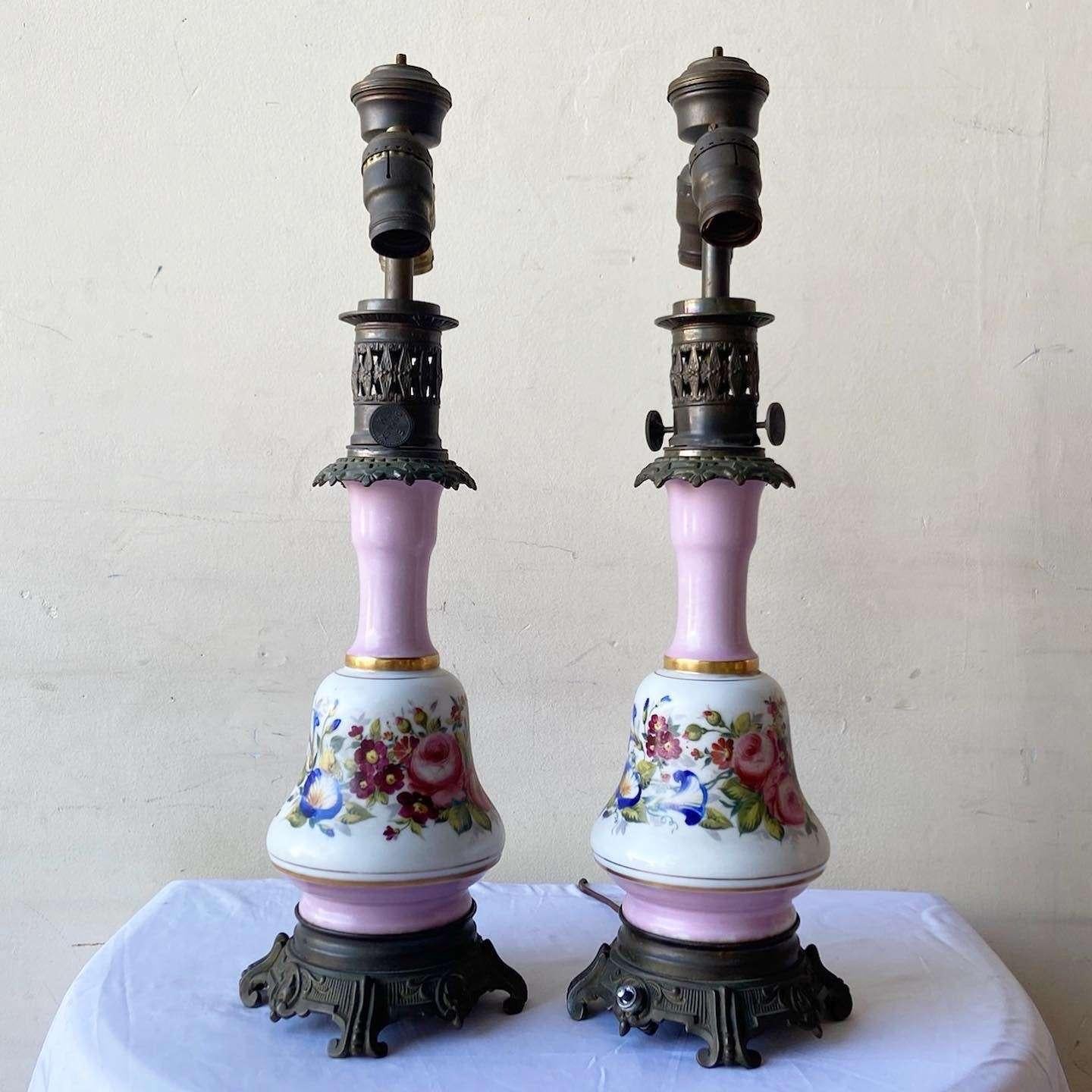 Vintage French Pink and White Porcelain and Brass Table Lamps - a Pair For Sale 1