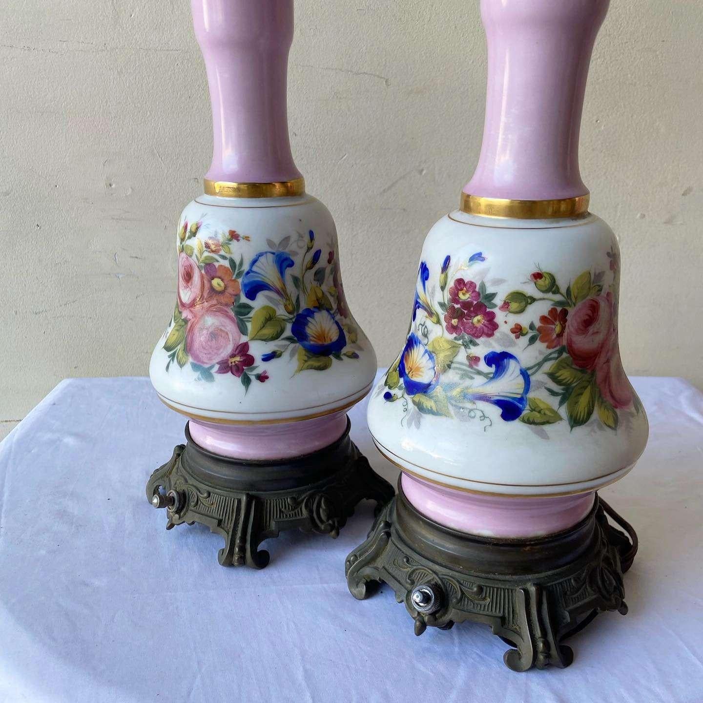Vintage French Pink and White Porcelain and Brass Table Lamps - a Pair For Sale 2