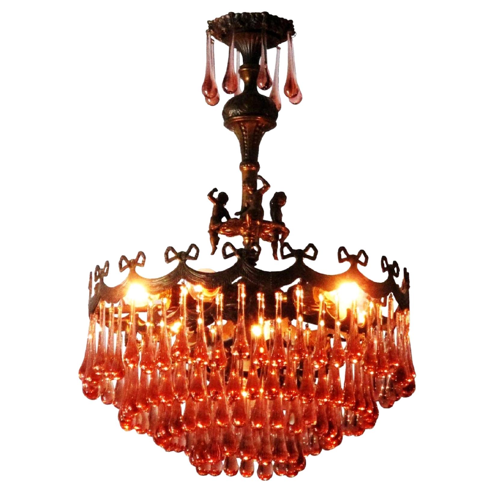 Vintage French Pink Murano Glass "Droplet" Chandelier with Cherubs