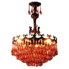 Vintage French Pink Murano Glass "Droplet" Chandelier with Cherubs