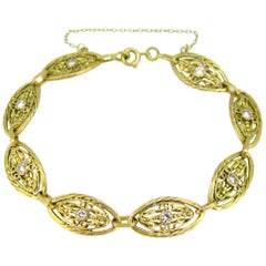 Vintage French Plain Yellow Gold Diamonds Chain Link Bracelet
