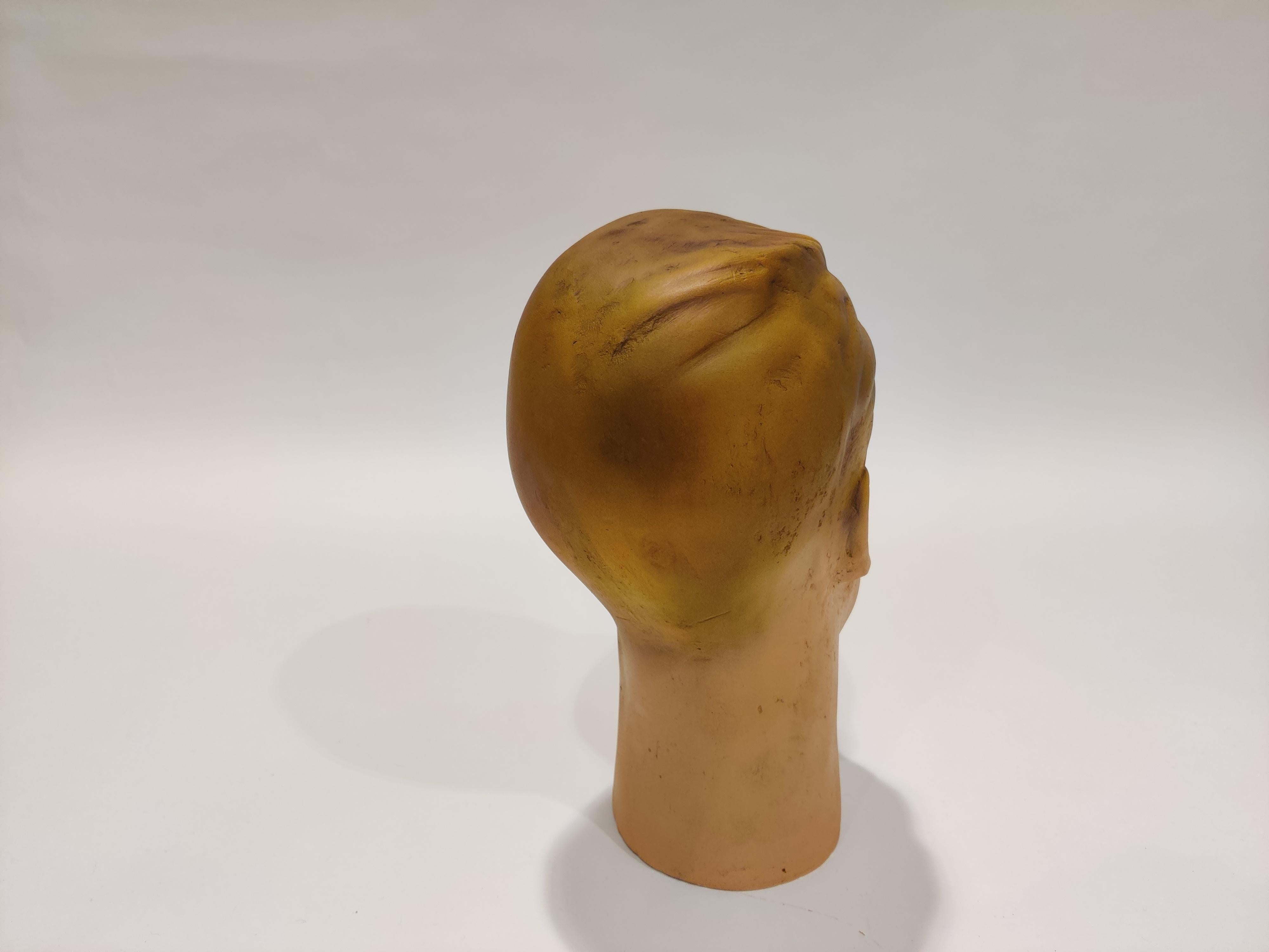 Beautiful male mannequin head made from plaster. 

It has some minor user traces.

Comes from a lot acquired from a clothes shop that stopped activities.

Great decorative item to display glasses, hats.

France, 1960s

Measures: Height