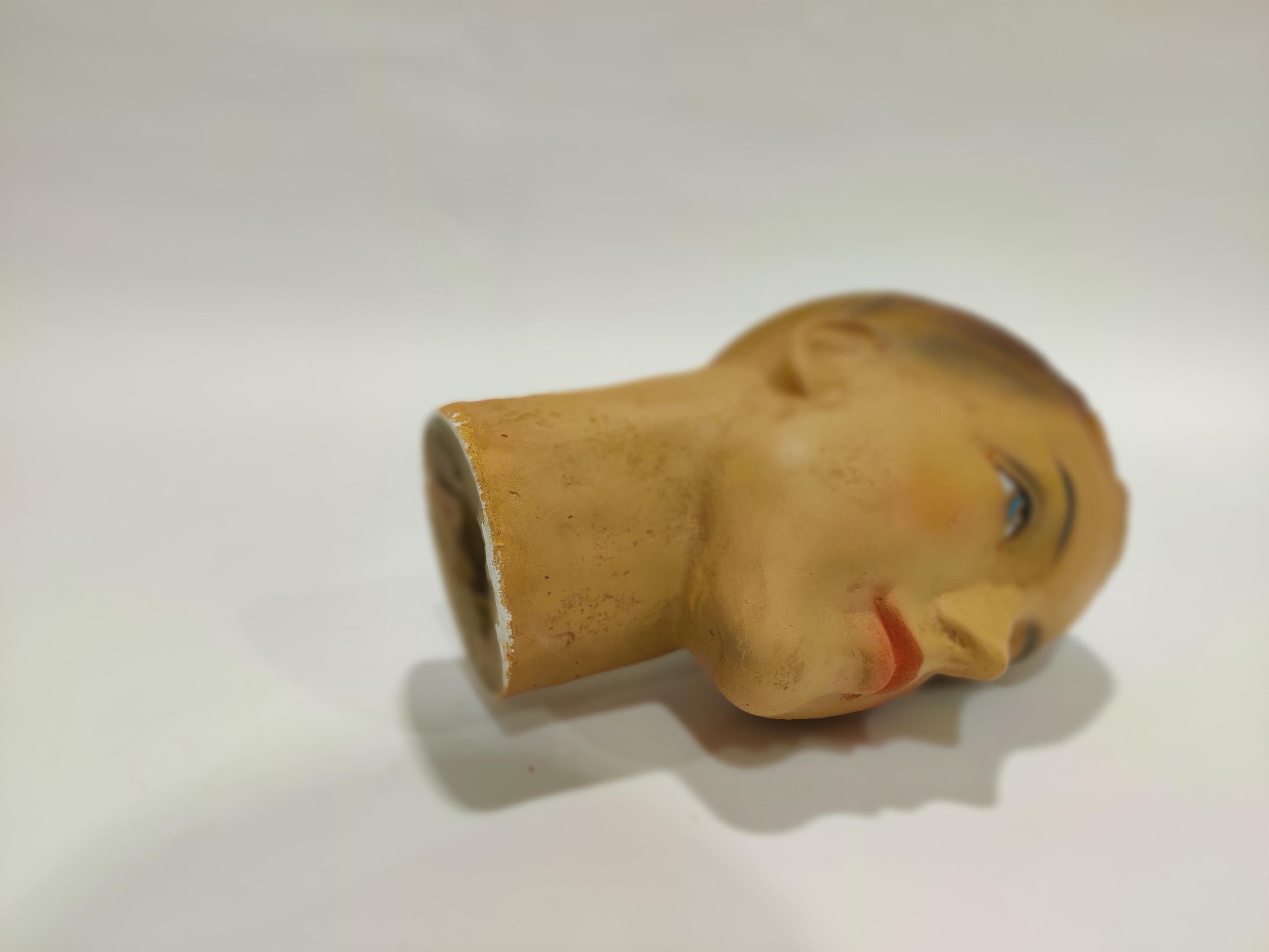 Beautiful male mannequin head made from plaster. 

It has some minor user traces.

Comes from a lot acquired from a clothes shop that stopped activities.

Great decorative item to display glasses, hats.

France, 1960s

Measures: Height