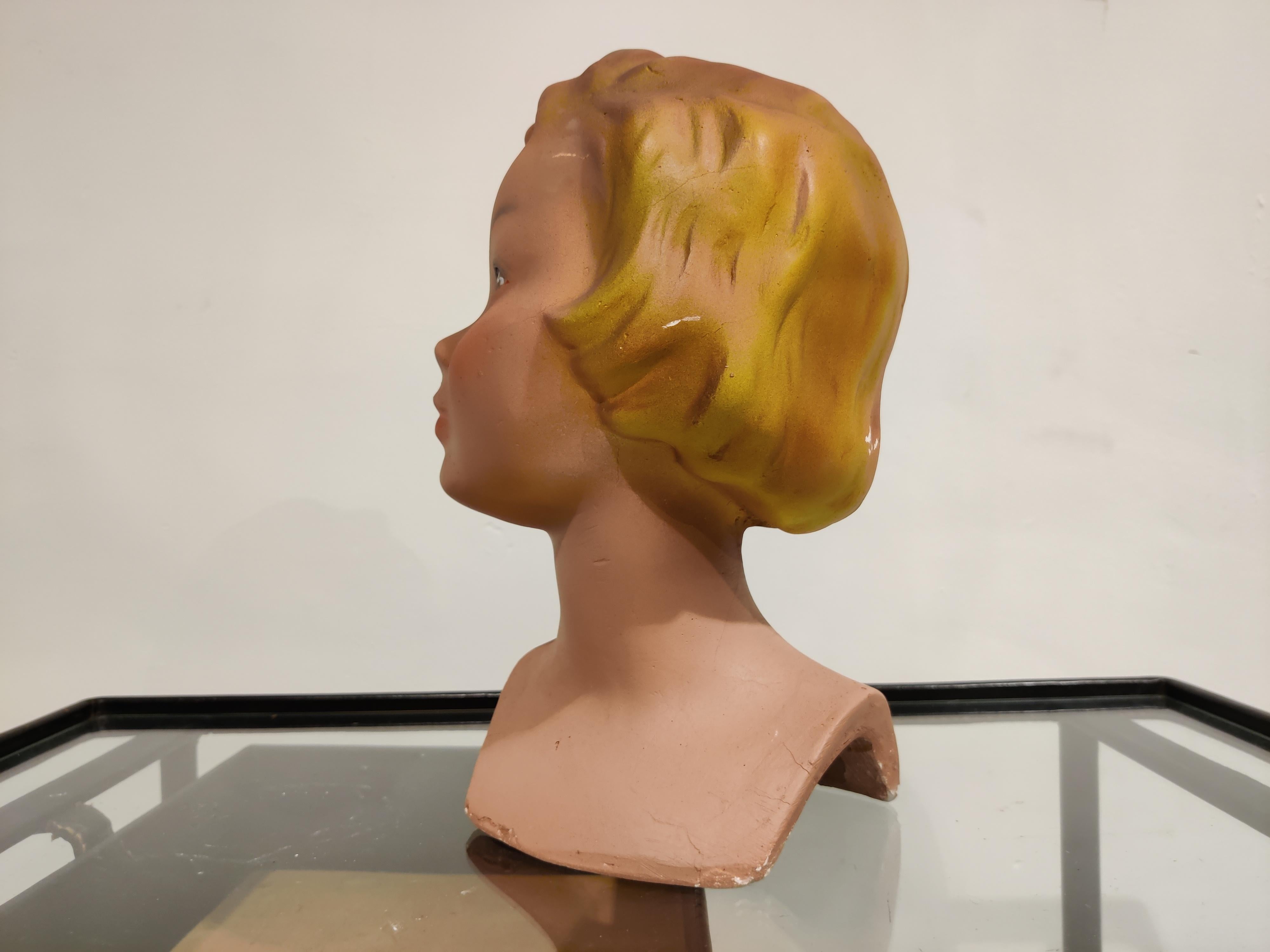 Beautiful female/child mannequin head made from plaster.

It has some minor user traces.

Comes from a lot acquired from a clothes shop that stopped activities.

Great decorative item to display glasses, hats,

France, 1960s

Measures: