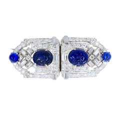 Vintage French Platinum Diamond Clips Carved Sapphire Estate Jewelry