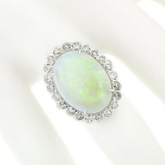 Vintage French Platinum GIA Oval Opal & Diamond Halo Low Profile Cocktail Ring