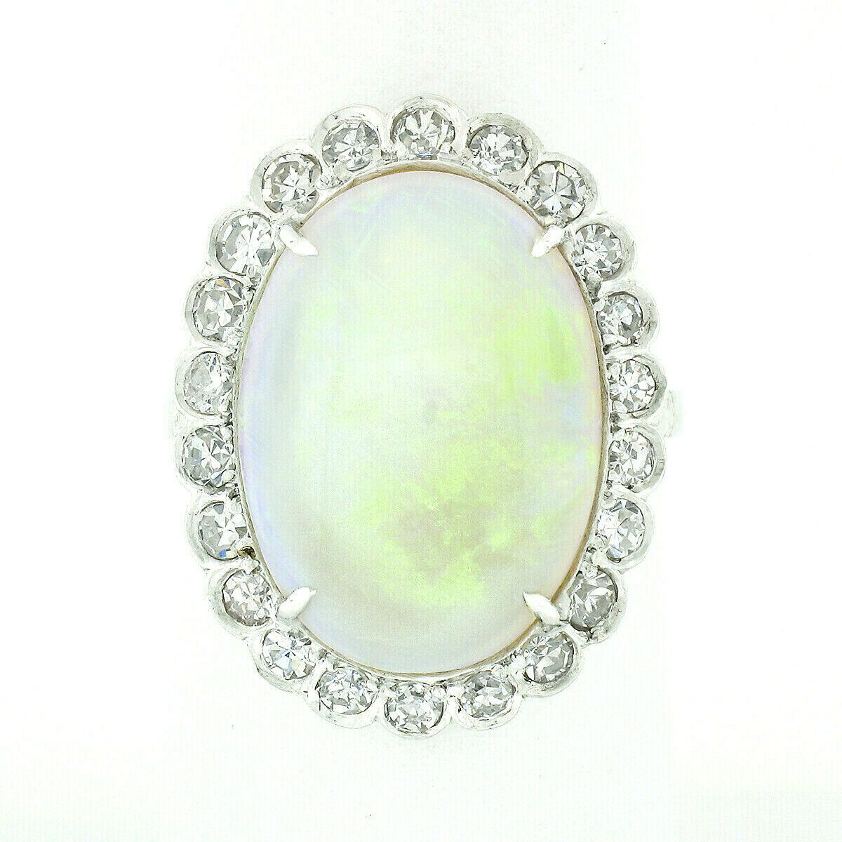 Art Deco Vintage French Platinum GIA Oval Opal & Diamond Halo Low Profile Cocktail Ring