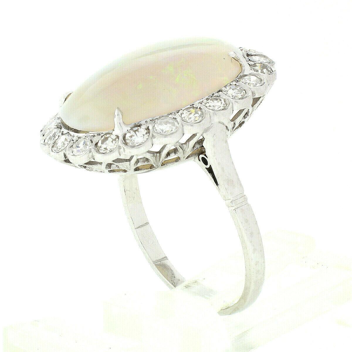 Vintage French Platinum GIA Oval Opal & Diamond Halo Low Profile Cocktail Ring In Good Condition In Montclair, NJ