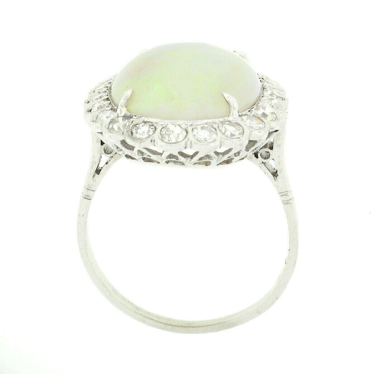 Women's Vintage French Platinum GIA Oval Opal & Diamond Halo Low Profile Cocktail Ring