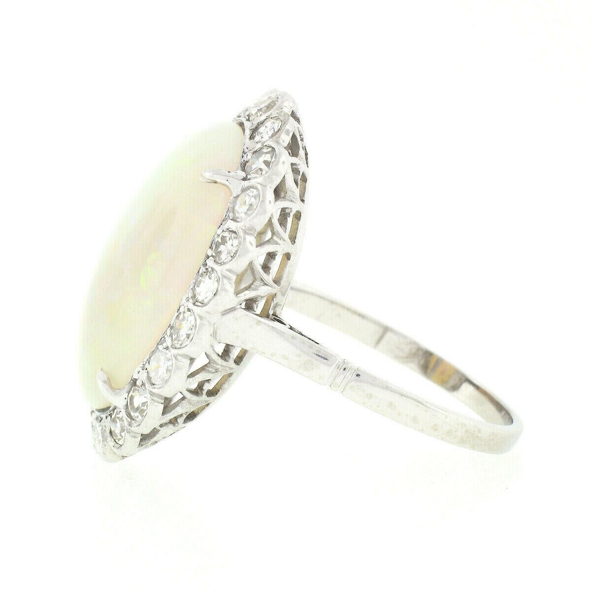Vintage French Platinum GIA Oval Opal & Diamond Halo Low Profile Cocktail Ring 1