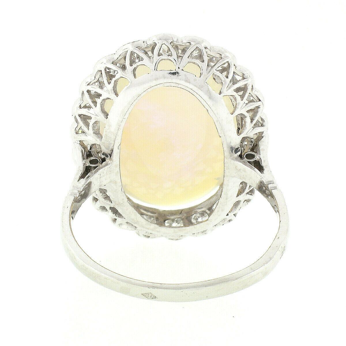 Vintage French Platinum GIA Oval Opal & Diamond Halo Low Profile Cocktail Ring 3