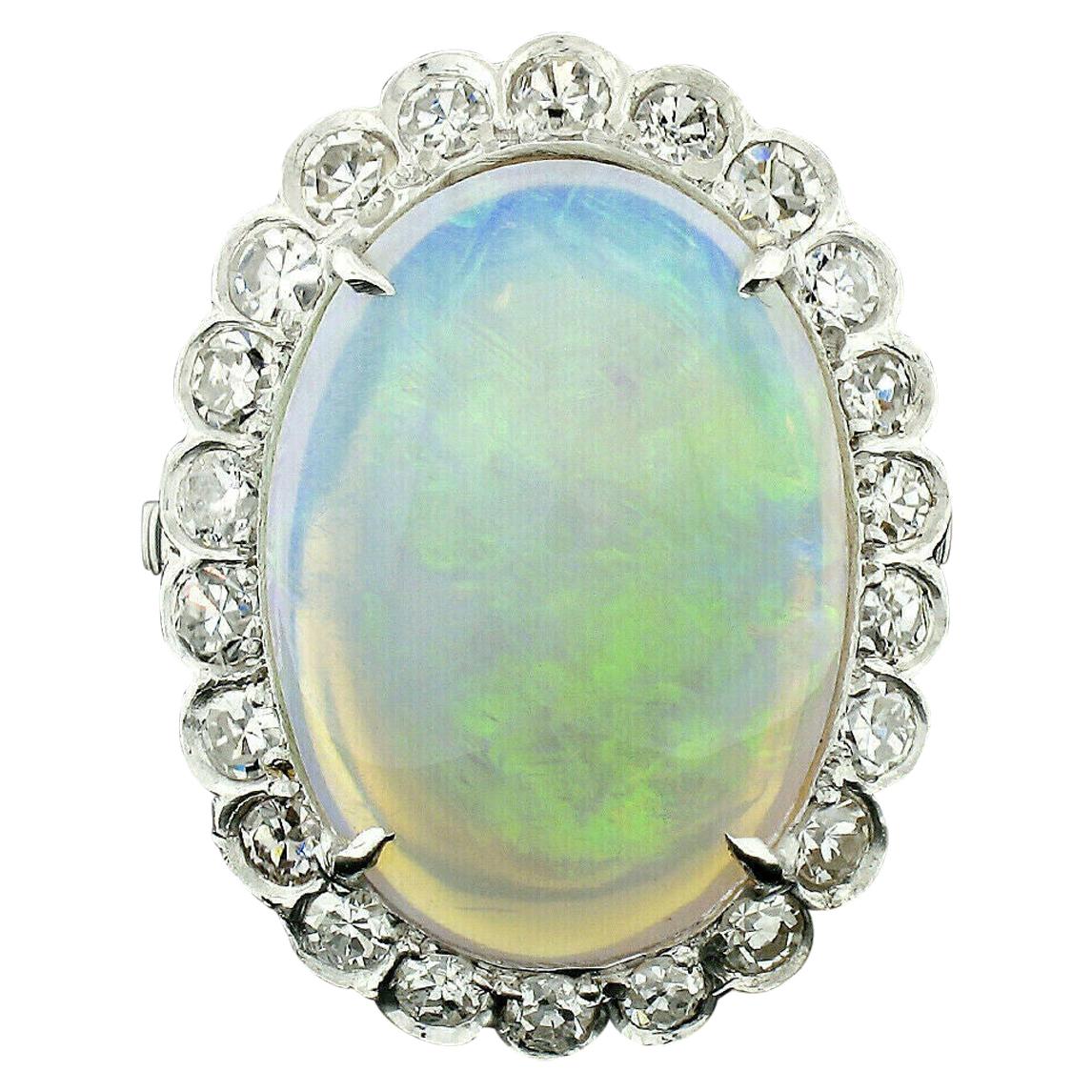 Vintage French Platinum GIA Oval Opal & Diamond Halo Low Profile Cocktail Ring