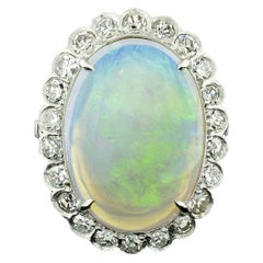 Vintage French Platinum GIA Oval Opal & Diamond Halo Low Profile Cocktail Ring