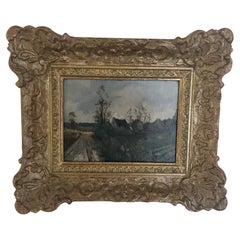 Vintage French Plein Air Landscape Painting in Antique Frame