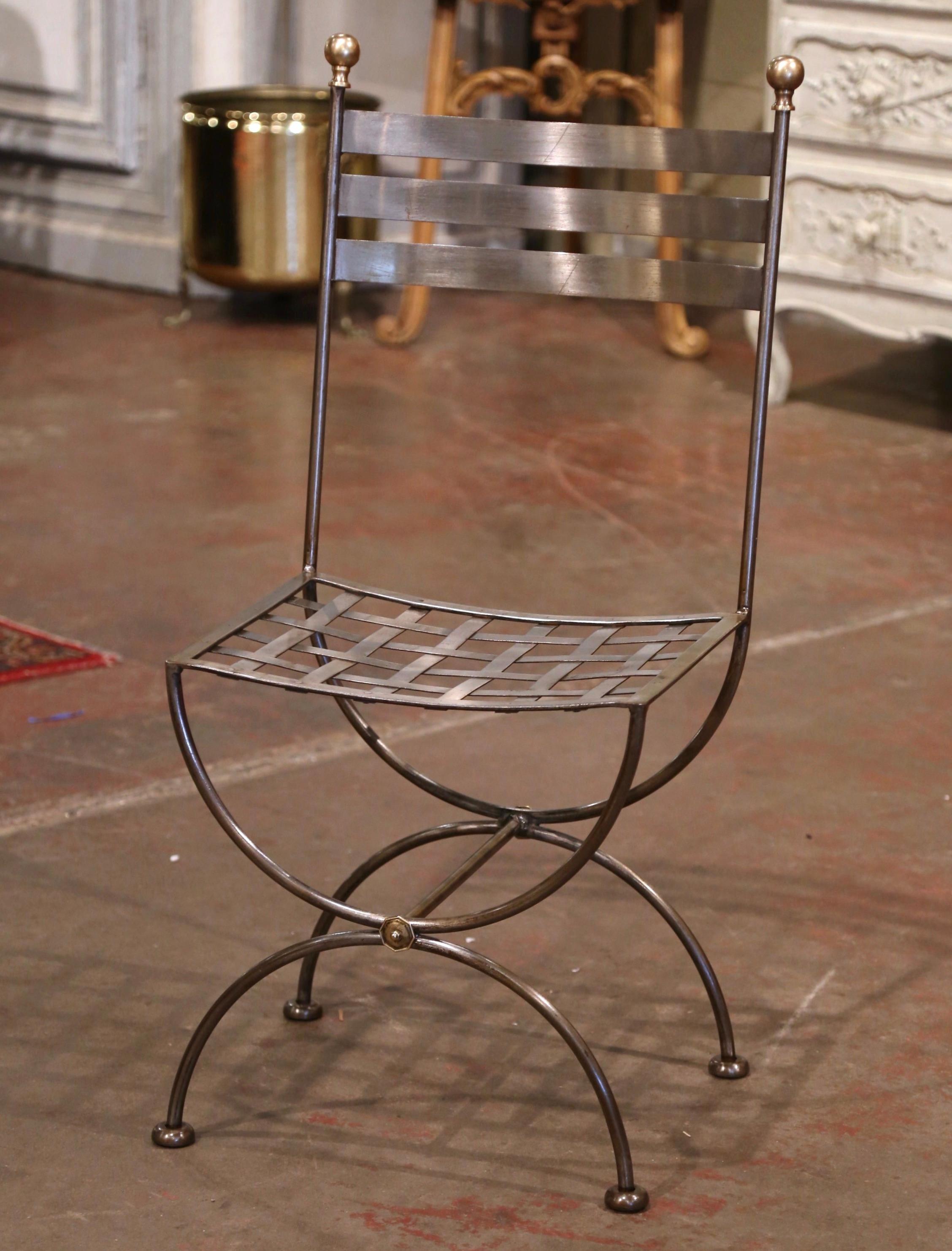 Vintage French Polished Iron and Brass Curule Ladder Chair In Excellent Condition In Dallas, TX