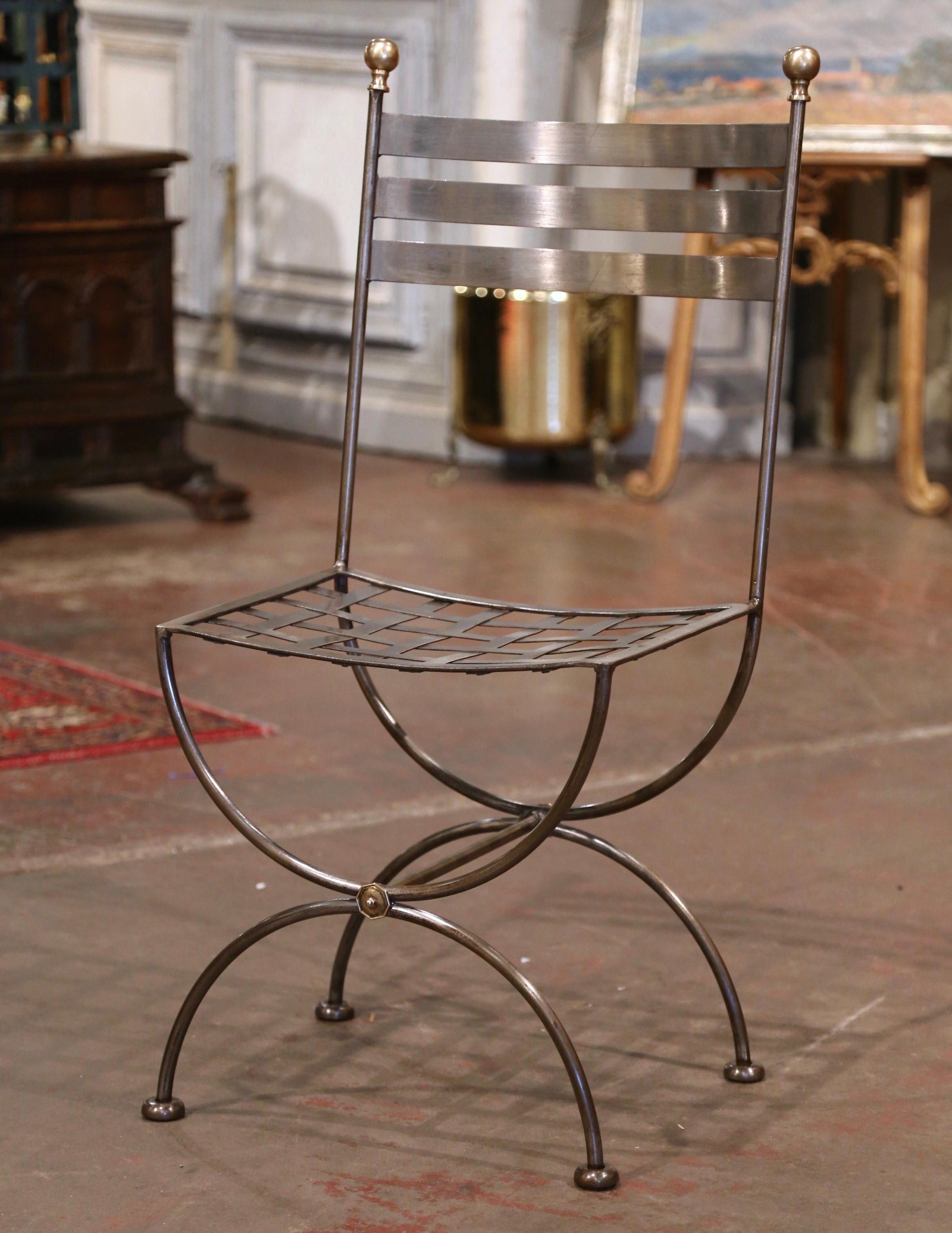 20th Century Vintage French Polished Iron and Brass Curule Ladder Chair