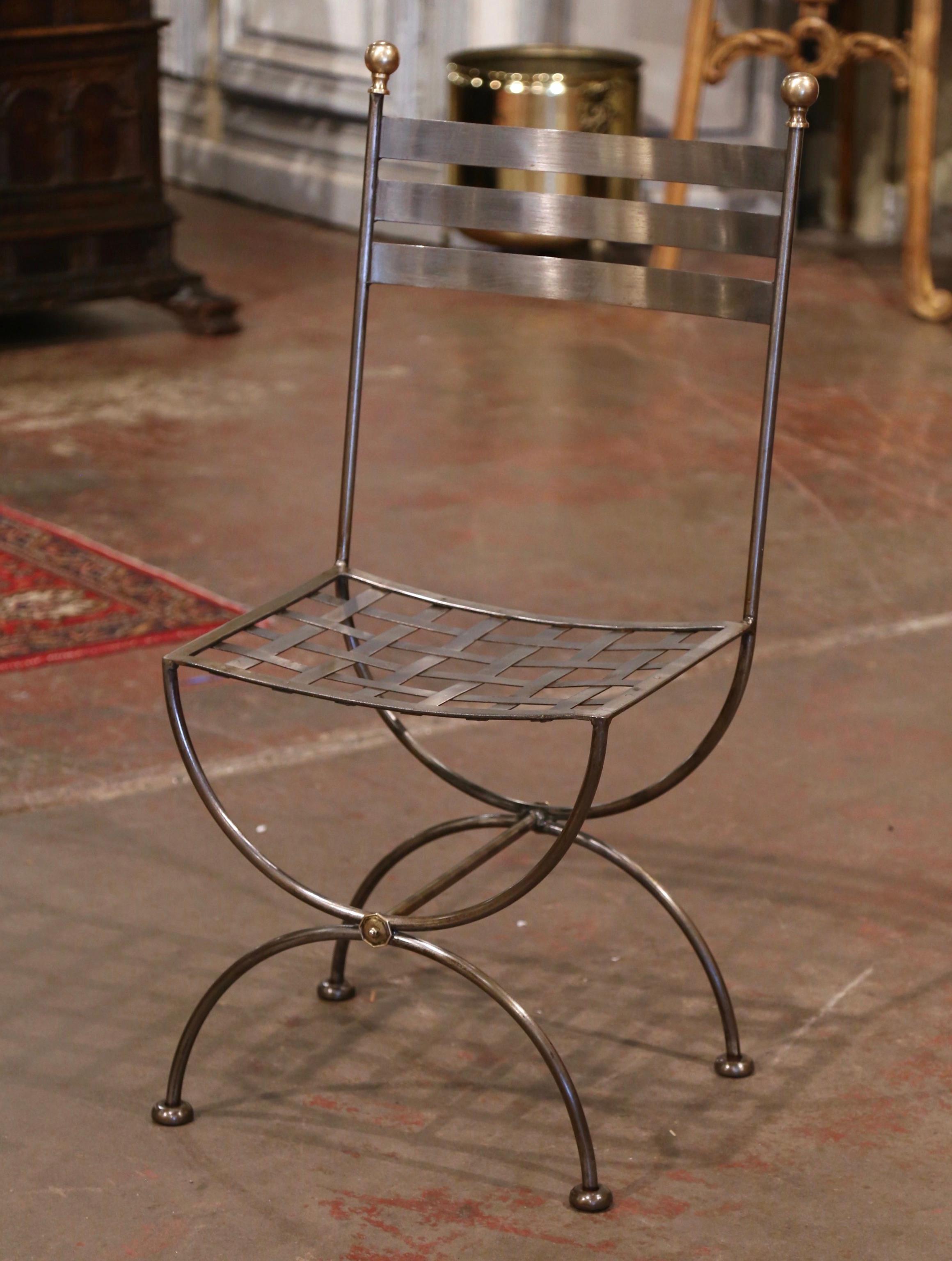 Vintage French Polished Iron and Brass Curule Ladder Chair 2
