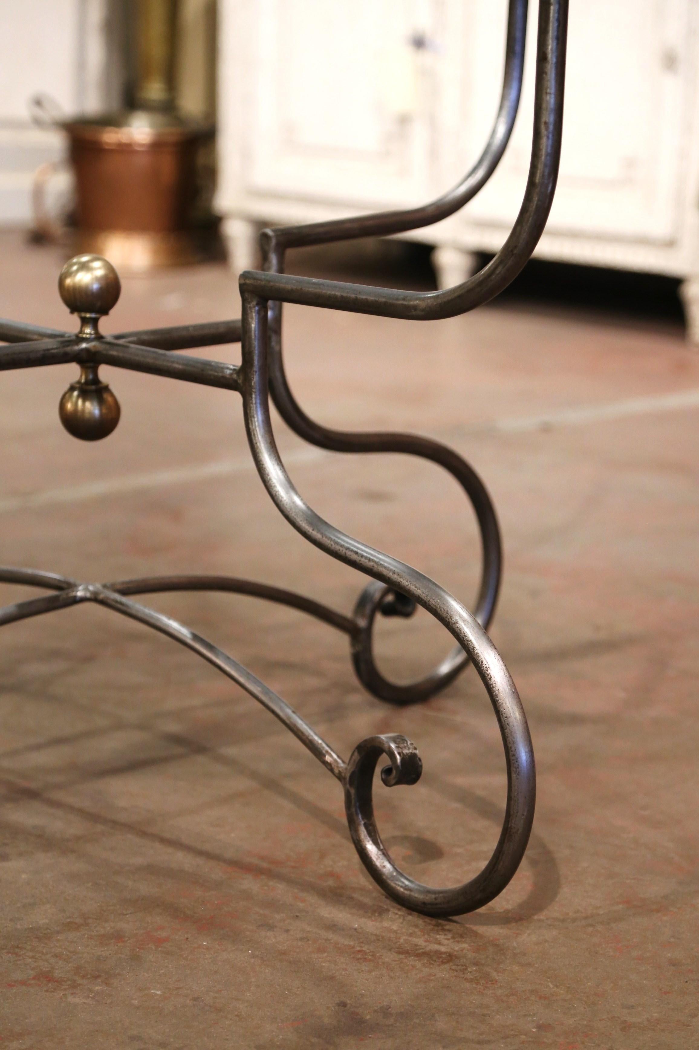 Vintage French Polished Wrought Iron Dining Table Base with Round Glass Top 1