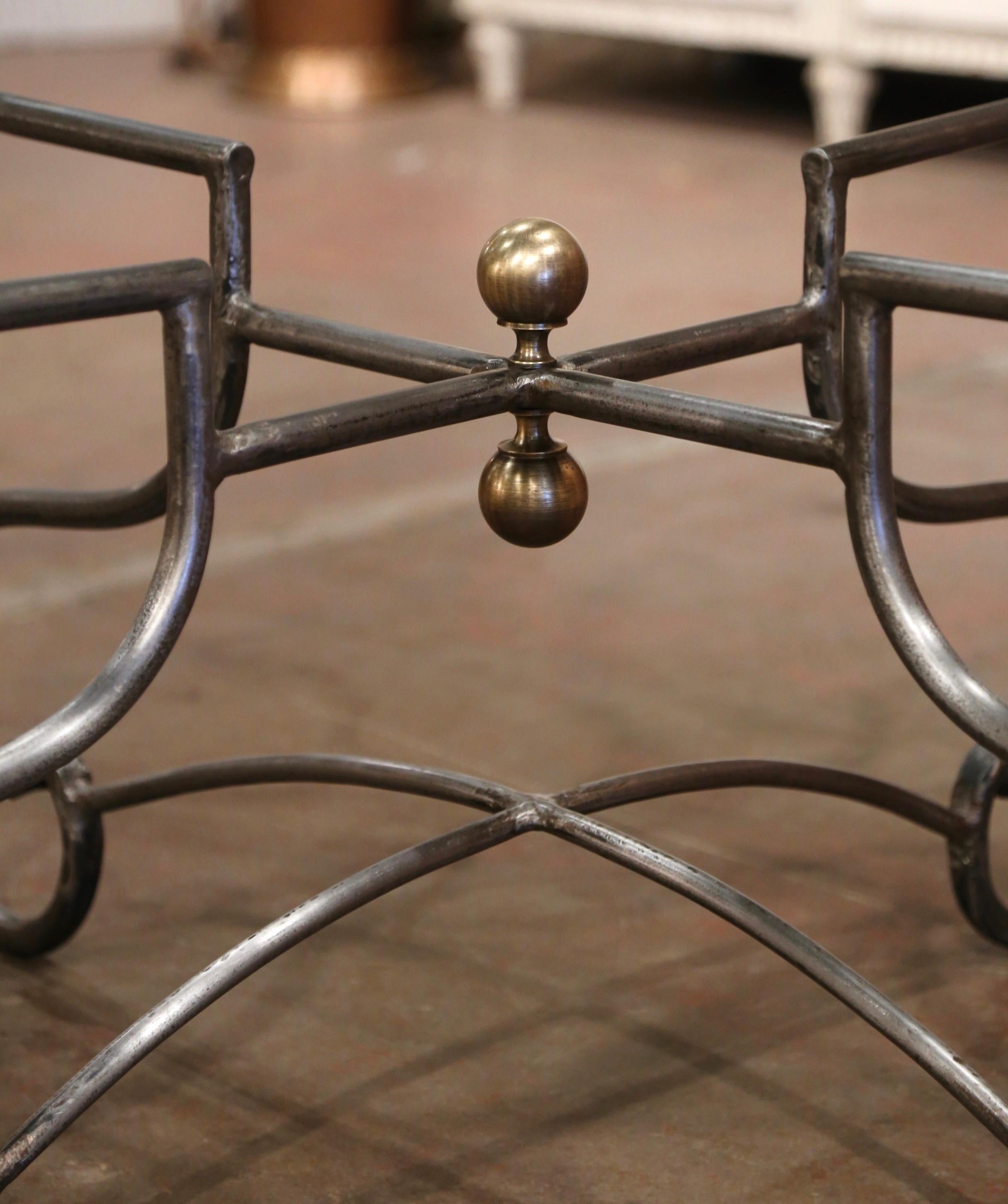 Forged Vintage French Polished Wrought Iron Dining Table Base with Round Glass Top