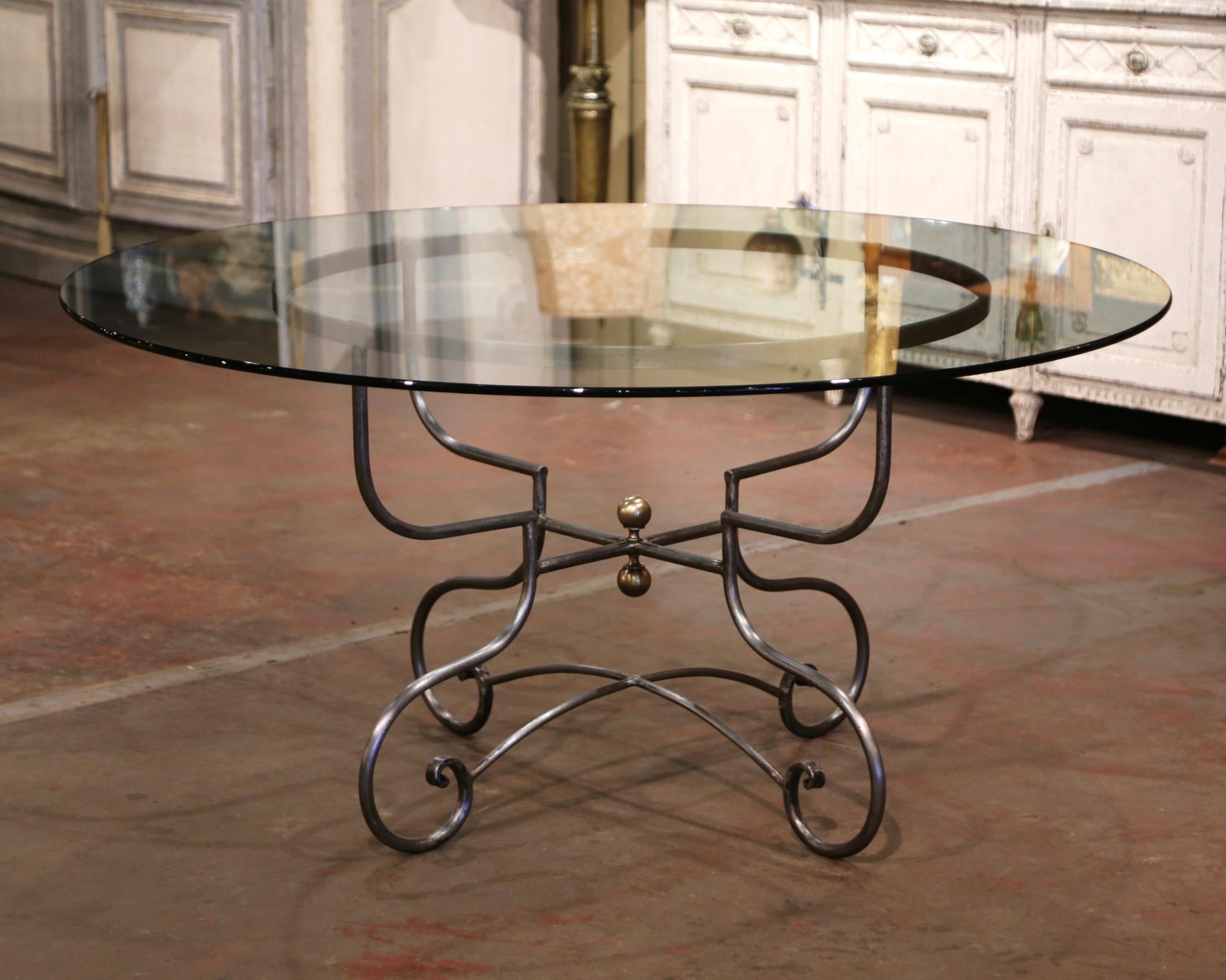 Vintage French Polished Wrought Iron Dining Table Base with Round Glass Top In Excellent Condition In Dallas, TX
