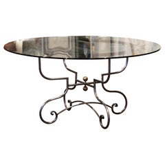 Antique French Polished Wrought Iron Dining Table Base with Round Glass Top