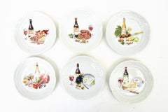 Piattini da antipasto vintage in porcellana francese con motivi di aragosta, vino e formaggio, firmati Lourioux