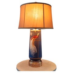 Retro French Porcelain & Brass Table Lamp with Bird Motif