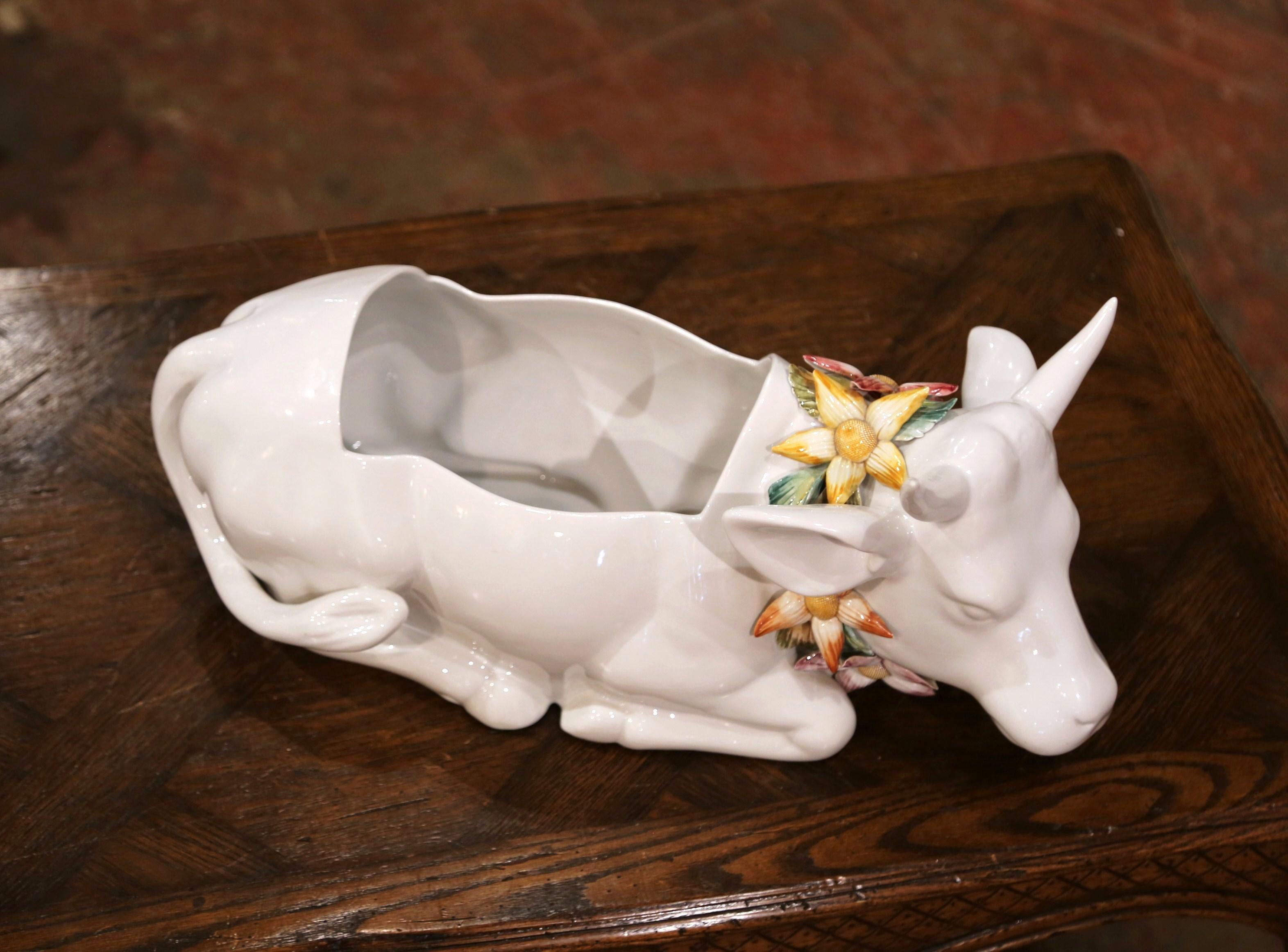 Vintage French Porcelain Cow Soup Tureen with Lid and Ladle 3