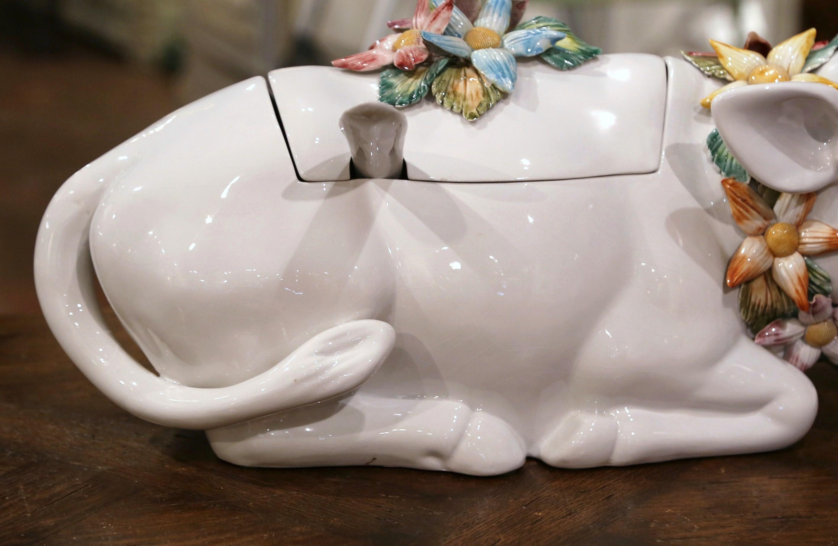 Late 20th Century Vintage French Porcelain Cow Soup Tureen with Lid and Ladle