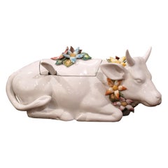 Retro French Porcelain Cow Soup Tureen with Lid and Ladle