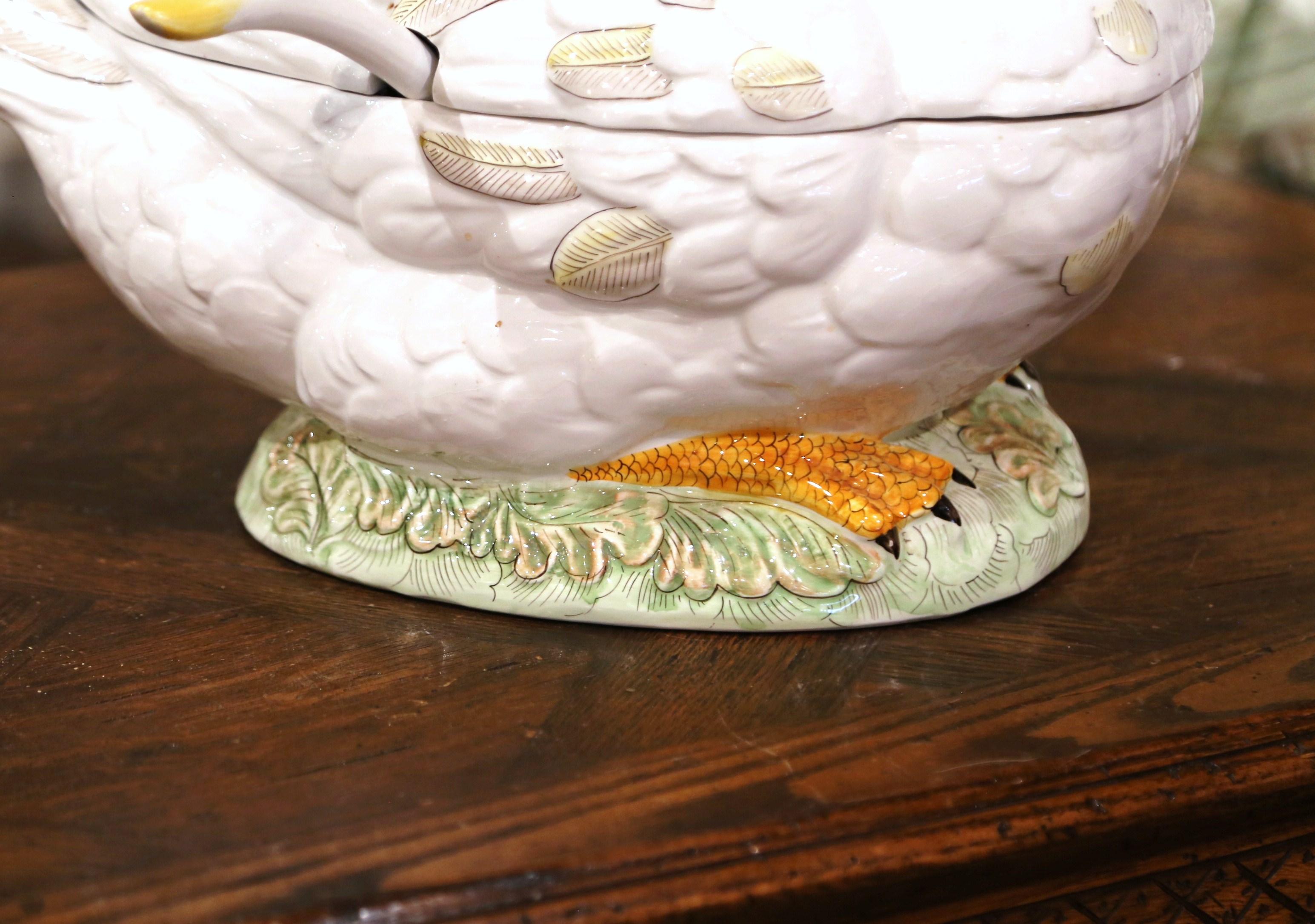 Vintage French Porcelain Duck Center Piece Soup Tureen with Lid and Ladle In Excellent Condition In Dallas, TX