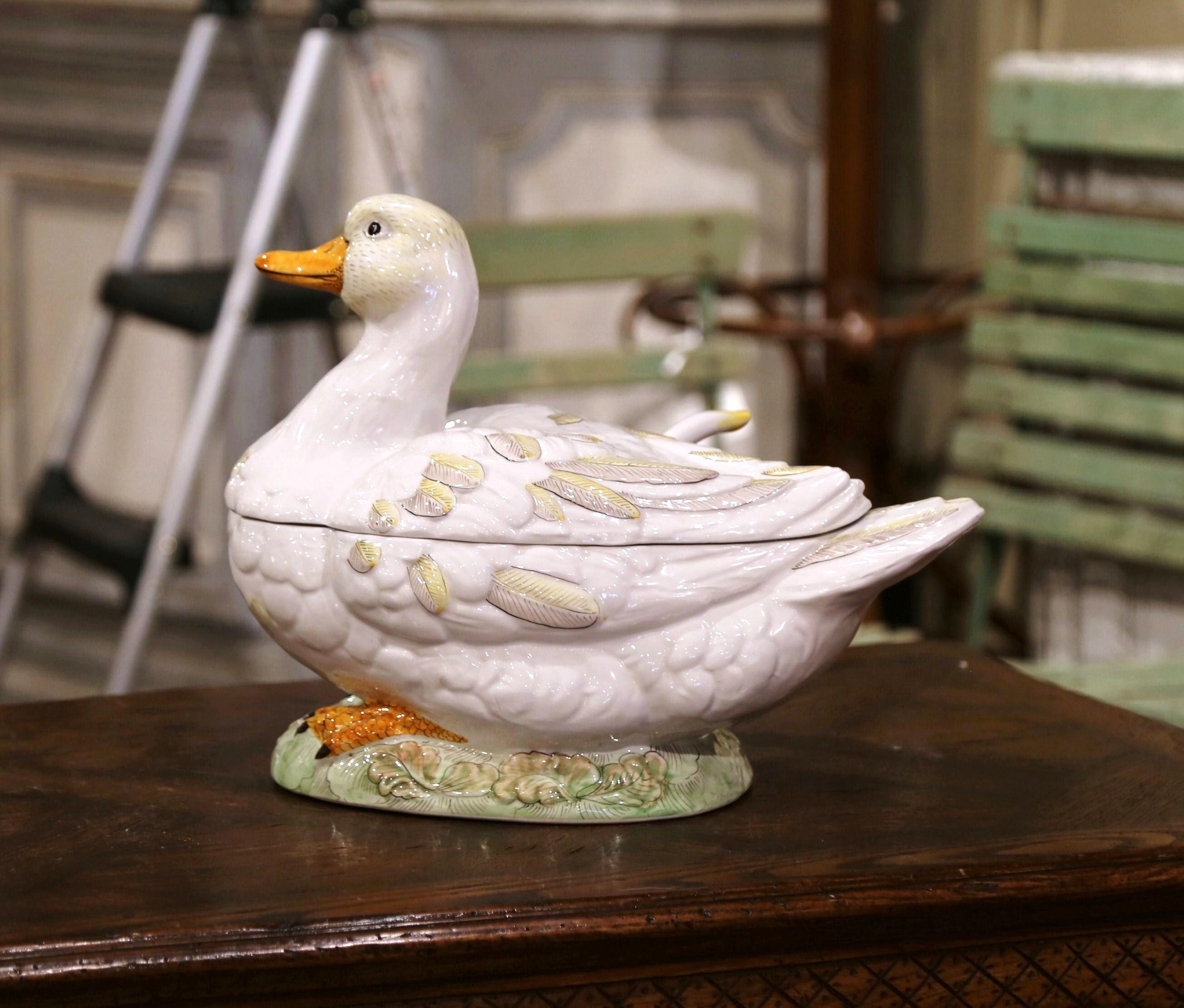 Majolica Vintage French Porcelain Duck Center Piece Soup Tureen with Lid and Ladle
