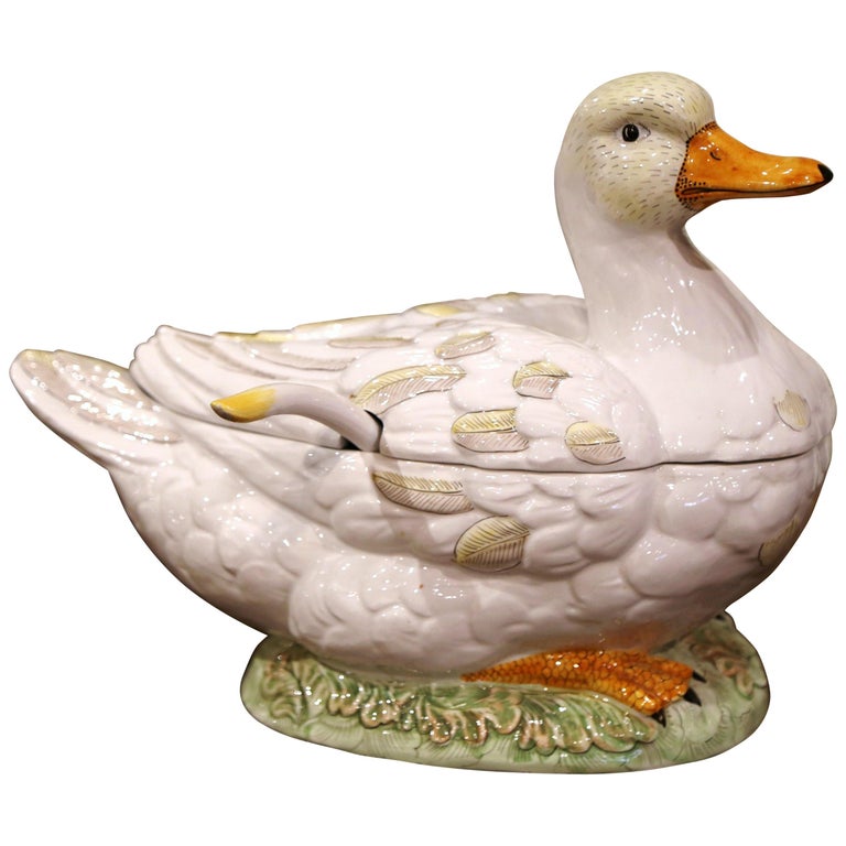 Vintage French Porcelain Duck Center Piece Soup Tureen with Lid and
