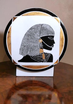 Vintage French Porcelain Round Vase with Painted African Women and Pure Gold