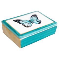 Vintage French Porcelain Turquoise Butterfly Lidded Trinket Box
