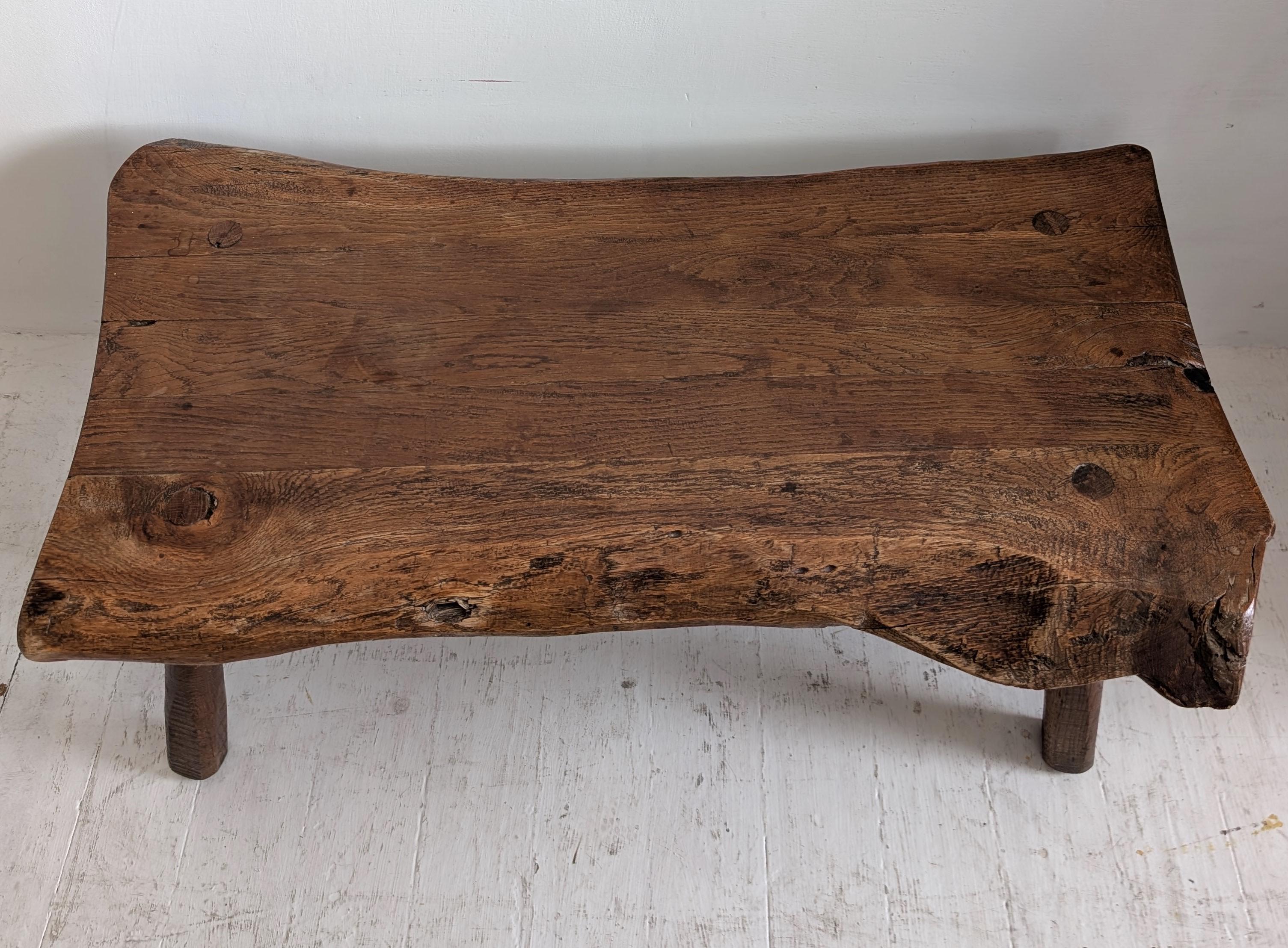 Vintage French primitive solid oak live edge coffee table, circa 1950s 1960s For Sale 4